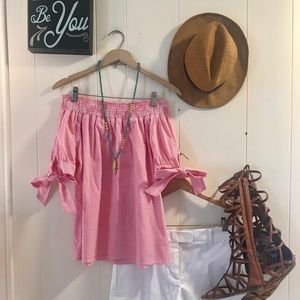 Off shoulder, pink & white stripes, bow tie sleeve